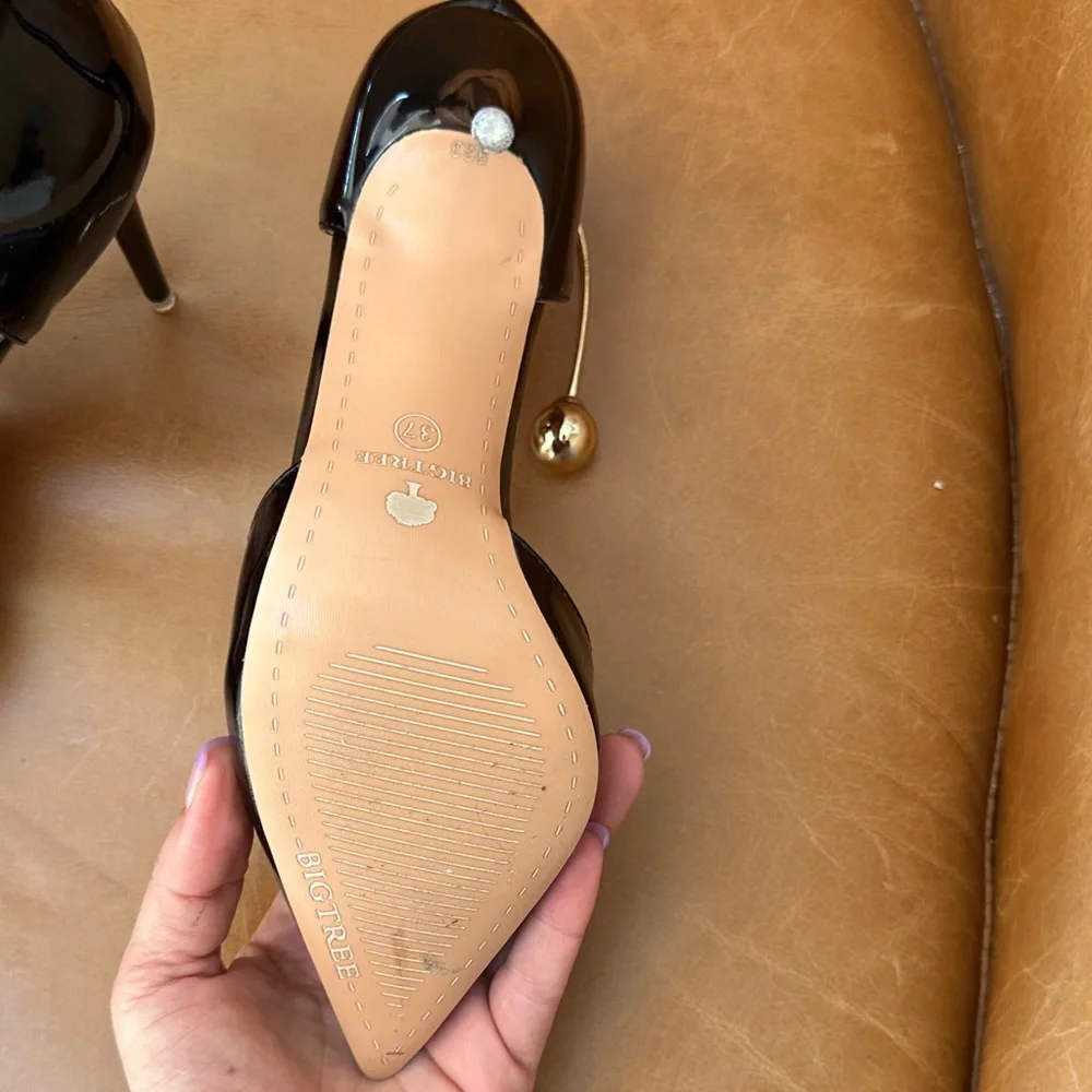 Black Patent Pointed Toe Stiletto Pumps with Pearl Ankle Detail - Picture 6 of 6